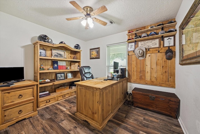 3214 Churchill St, Pearland, TX 77581 - office with ceiling fan, dark wood-type flooring, and a textured ceiling