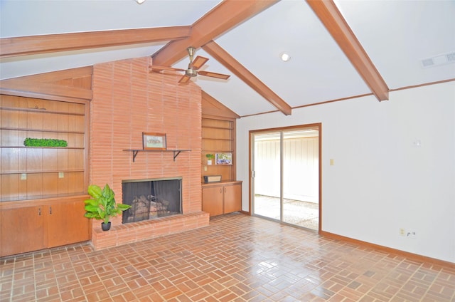 823 Timber Cove Dr, Seabrook, TX 77586 - unfurnished living room featuring ceiling fan, a brick fireplace, brick patterned floors, and built in shelves