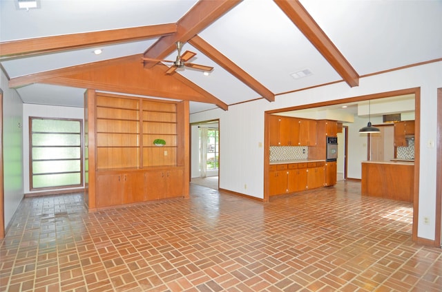 823 Timber Cove Dr, Seabrook, TX 77586 - unfurnished living room with ceiling fan, brick patterned floors, and wood walls
