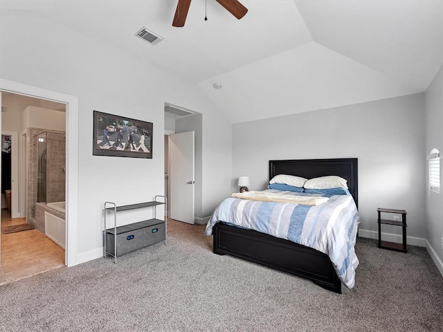 2710 Hullsmith Dr Unit 1004, Houston, TX 77063 - bedroom with carpet, a ceiling fan, lofted ceiling, and ensuite bath