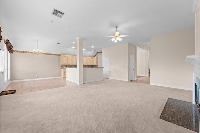 8722 Melting Shadows Ln, Houston, TX 77095 - unfurnished living room with light colored carpet, ceiling fan, a fireplace with flush hearth, light tile patterned floors, and a chandelier