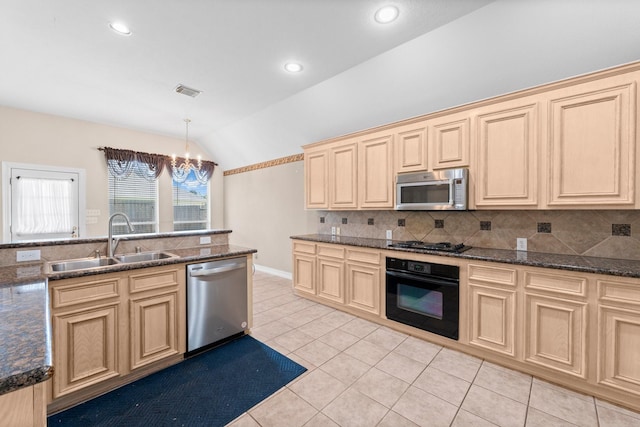 8722 Melting Shadows Ln, Houston, TX 77095 - kitchen with black appliances, lofted ceiling, light brown cabinetry, light tile patterned floors, and recessed lighting