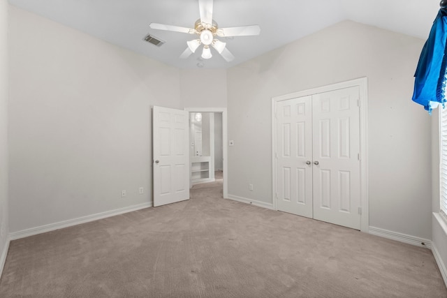8722 Melting Shadows Ln, Houston, TX 77095 - unfurnished bedroom with carpet floors, lofted ceiling, a closet, and ceiling fan