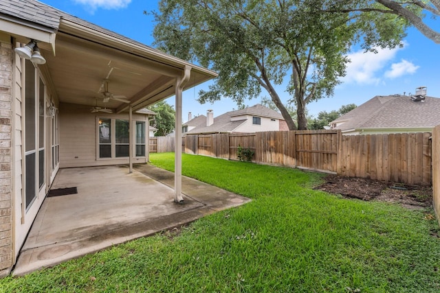 8722 Melting Shadows Ln, Houston, TX 77095 - fenced backyard featuring ceiling fan and a patio area
