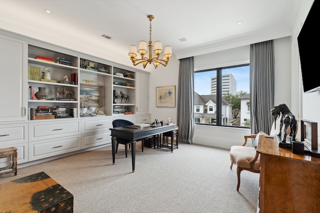 2707 Westgrove Ln, Houston, TX 77027 - home office featuring a chandelier, light carpet, and ornamental molding