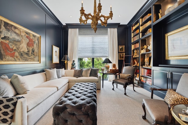 2707 Westgrove Ln, Houston, TX 77027 - living area with crown molding, built in shelves, a chandelier, carpet floors, and a decorative wall