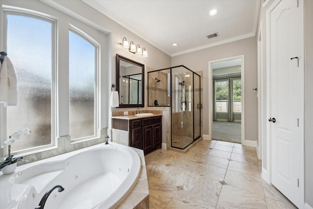 27722 Lakeway Trail Ln, Fulshear, TX 77441 - bathroom featuring a whirlpool tub, a shower stall, vanity, crown molding, and marble look tile flooring