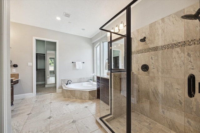 27722 Lakeway Trail Ln, Fulshear, TX 77441 - bathroom featuring a garden tub, a stall shower, and crown molding