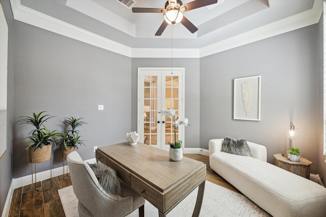 27722 Lakeway Trail Ln, Fulshear, TX 77441 - home office featuring a raised ceiling, ceiling fan, wood finished floors, french doors, and crown molding