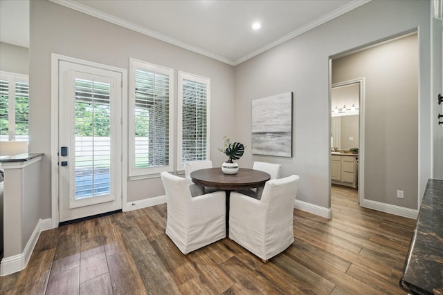 27722 Lakeway Trail Ln, Fulshear, TX 77441 - dining room featuring ornamental molding and dark wood-style floors