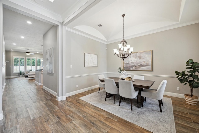 27722 Lakeway Trail Ln, Fulshear, TX 77441 - dining area featuring recessed lighting, wood finished floors, a chandelier, a ceiling fan, and crown molding