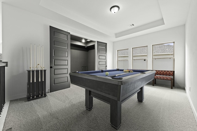10922 Palmwood Dr, Missouri City, TX 77459 - recreation room featuring a raised ceiling, light colored carpet, and billiards table