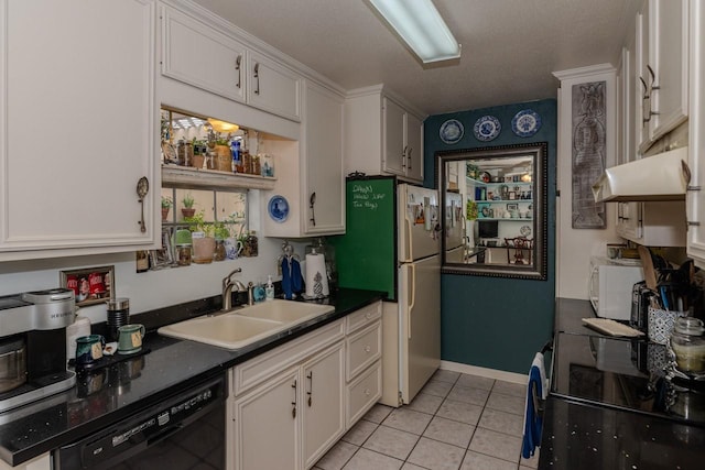 5975 Meadow Way, Beaumont, TX 77707 - kitchen featuring black appliances, white cabinets, under cabinet range hood, light tile patterned floors, and dark countertops