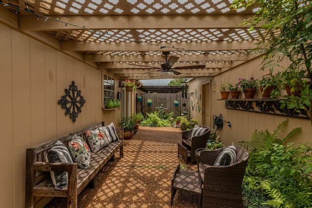 5975 Meadow Way, Beaumont, TX 77707 - fenced backyard featuring ceiling fan, a pergola, outdoor lounge area, and a patio