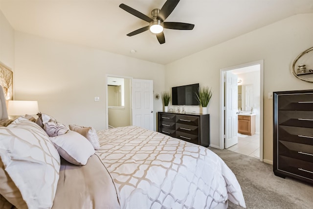 6103 Yorkglen Manor Ln, Houston, TX 77084 - bedroom with light carpet, a ceiling fan, and ensuite bathroom