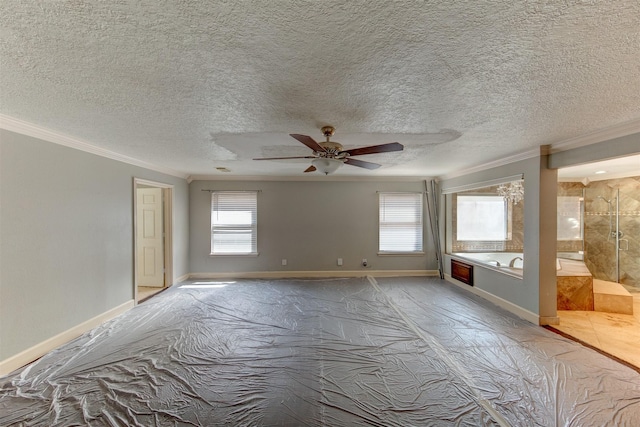6803 Fawncliff Dr, Houston, TX 77069 - empty room featuring ornamental molding, a ceiling fan, and a textured ceiling