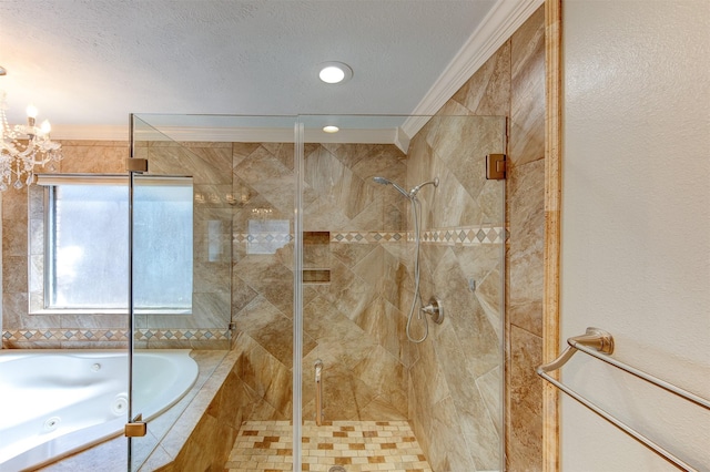 6803 Fawncliff Dr, Houston, TX 77069 - bathroom with a jetted tub, a stall shower, crown molding, a chandelier, and recessed lighting