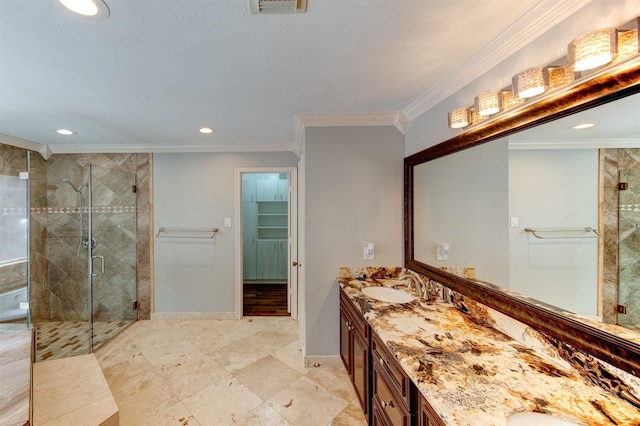 6803 Fawncliff Dr, Houston, TX 77069 - full bath featuring double vanity, a stall shower, crown molding, recessed lighting, and a walk in closet