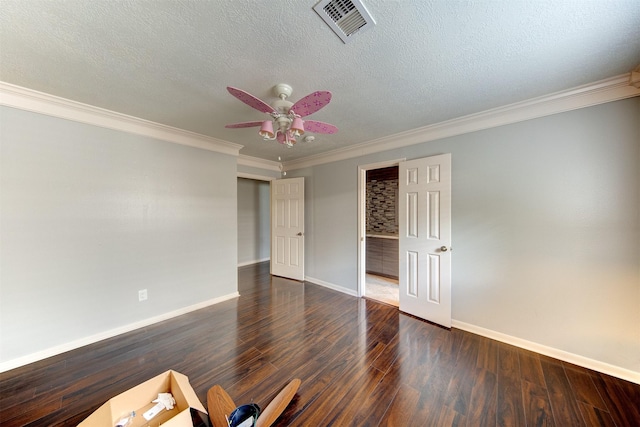 6803 Fawncliff Dr, Houston, TX 77069 - unfurnished bedroom with dark wood finished floors, ornamental molding, a textured ceiling, and a ceiling fan