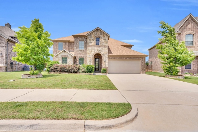 1708 Stillwater Dr, Burleson, TX 76028 - french country home featuring an attached garage, brick siding, driveway, a front lawn, and roof with shingles