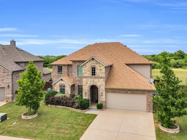 1708 Stillwater Dr, Burleson, TX 76028 - french country home featuring driveway, a garage, stone siding, a front yard, and a shingled roof