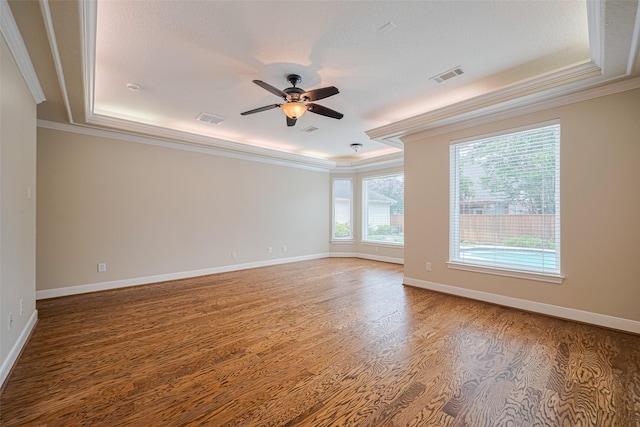 9 Foxworth Ct, Sugar Land, TX 77479 - empty room featuring ornamental molding, light wood-type flooring, ceiling fan, and a tray ceiling
