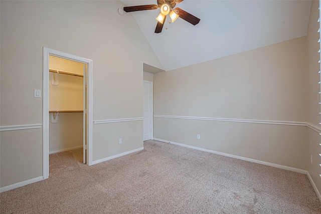 9 Foxworth Ct, Sugar Land, TX 77479 - unfurnished bedroom featuring a spacious closet, carpet floors, high vaulted ceiling, and ceiling fan