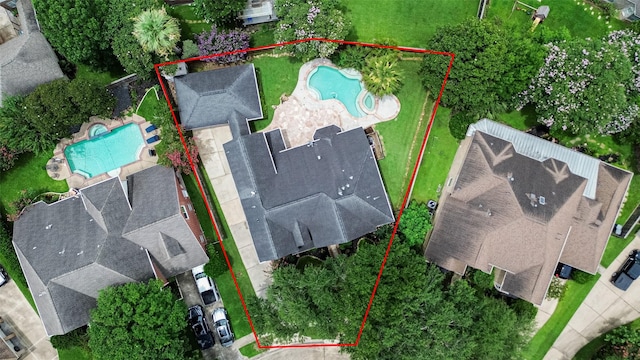 9 Foxworth Ct, Sugar Land, TX 77479 - aerial overview of property's location featuring a pool and property parcel outlined