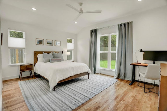 1039 Lamonte Ln, Houston, TX 77018 - bedroom featuring multiple windows, light wood-style floors, a desk, vaulted ceiling, and recessed lighting