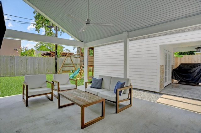 1039 Lamonte Ln, Houston, TX 77018 - fenced backyard with a patio area, an outdoor living space, ceiling fan, and area for grilling