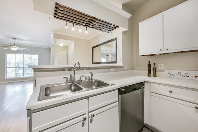 1330 Old Spanish Trl Unit 1210, Houston, TX 77054 - kitchen featuring dishwasher, ornamental molding, a ceiling fan, white cabinetry, and light countertops