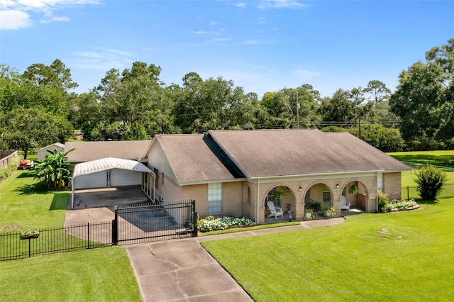 2306 Westfield St, Alvin, TX 77511 - ranch-style house featuring concrete driveway, a gate, brick siding, roof with shingles, and view of scattered trees