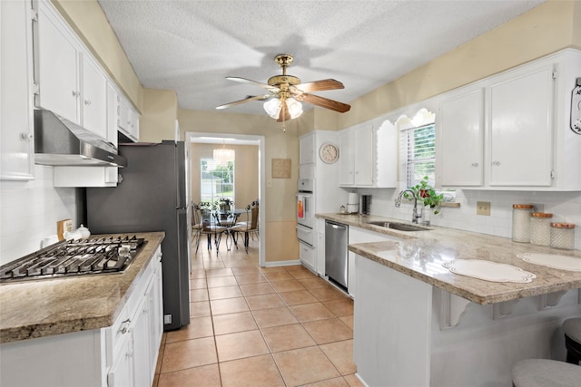 2306 Westfield St, Alvin, TX 77511 - kitchen with stainless steel appliances, under cabinet range hood, a peninsula, white cabinetry, and decorative backsplash