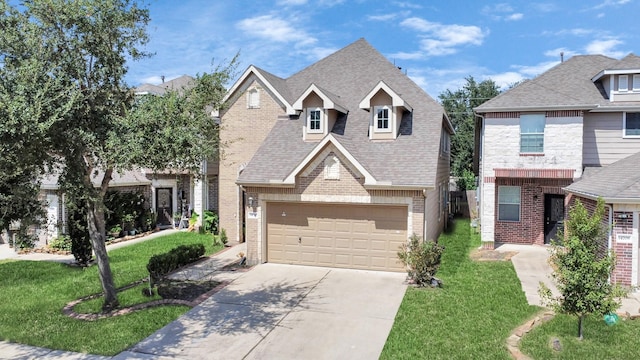 14710 Branchwest Dr, Houston, TX 77082 - view of front of home with brick siding, driveway, a front lawn, a shingled roof, and a garage