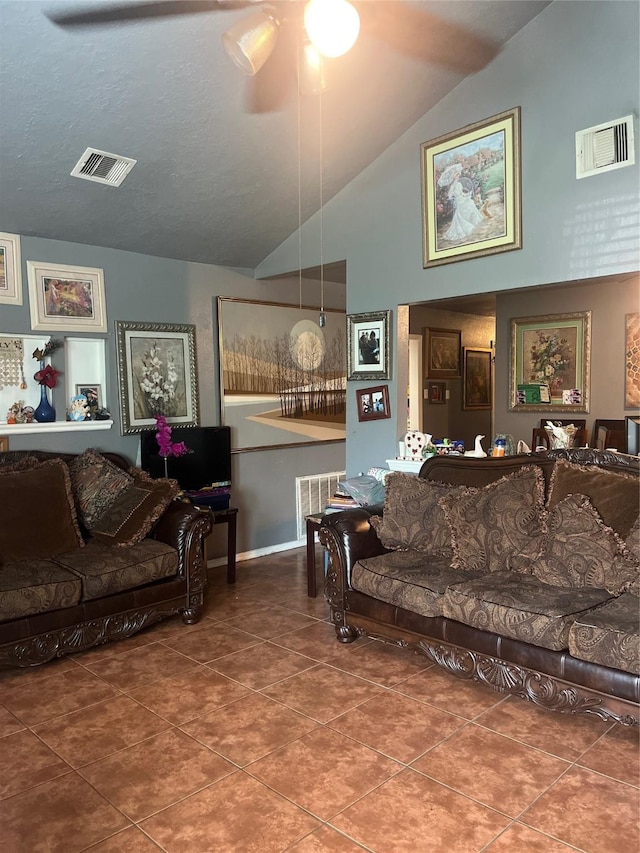 11733 Knotty Pine Trl, Houston, TX 77050 - tiled living room featuring a ceiling fan and high vaulted ceiling