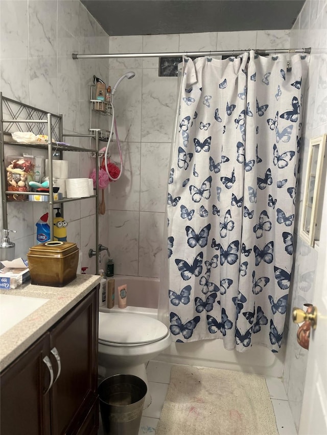 11733 Knotty Pine Trl, Houston, TX 77050 - bathroom featuring shower / bath combo, vanity, and tile walls