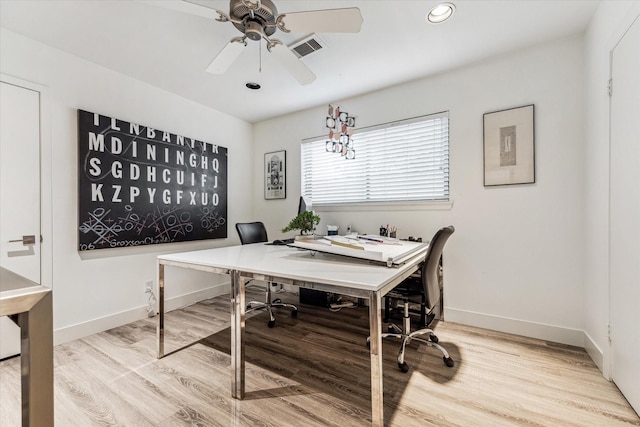 9718 Checkerboard St, Houston, TX 77096 - office area featuring wood finished floors, a ceiling fan, and recessed lighting