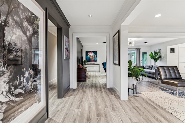 9718 Checkerboard St, Houston, TX 77096 - corridor featuring light wood finished floors, crown molding, and recessed lighting