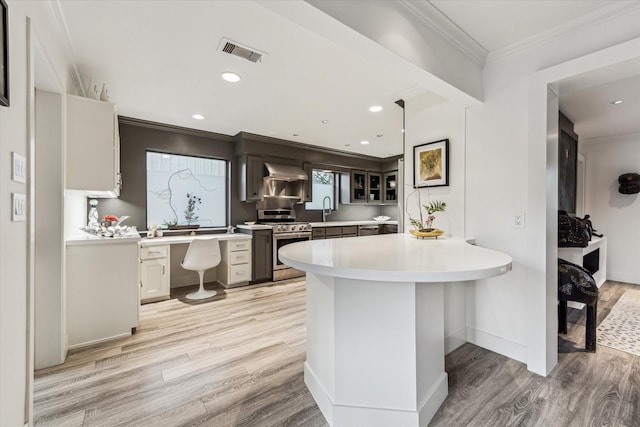 9718 Checkerboard St, Houston, TX 77096 - kitchen featuring stainless steel range with gas stovetop, light wood finished floors, light countertops, a peninsula, and ornamental molding