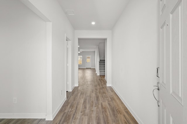 316 Amy St, Angleton, TX 77515 - hall with stairway, wood finished floors, and recessed lighting