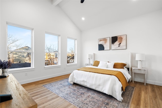 6907 Conley St, Houston, TX 77021 - bedroom with beamed ceiling, high vaulted ceiling, light wood-style floors, and recessed lighting