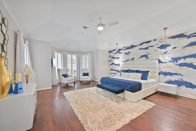 15431 Greens Cove Way, Houston, TX 77059 - bedroom featuring crown molding, dark wood-type flooring, a ceiling fan, and lofted ceiling