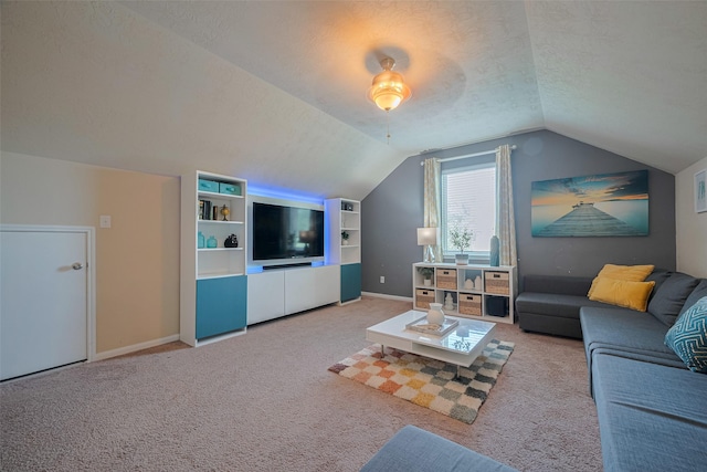 8113 E Pine Creek Bnd, Cypress, TX 77433 - living area featuring carpet floors, a textured ceiling, and vaulted ceiling