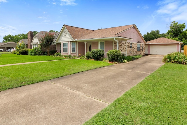 1418 Louisiana Ave, Pasadena, TX 77536 - ranch-style house with an outbuilding, a front yard, a detached garage, a shingled roof, and brick siding