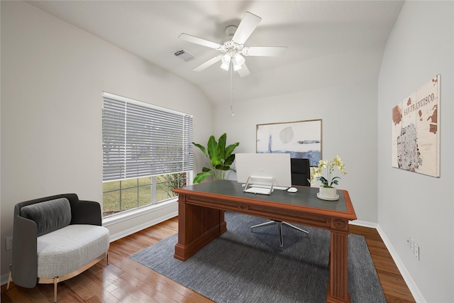 22910 Bank Shade Ct, Tomball, TX 77375 - office area with wood finished floors, lofted ceiling, and a ceiling fan