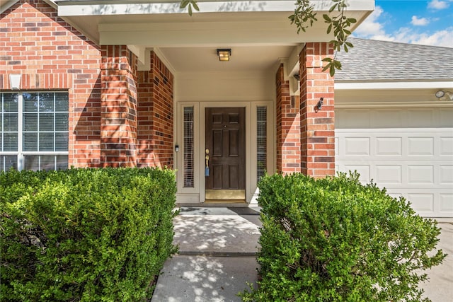 22910 Bank Shade Ct, Tomball, TX 77375 - property entrance with brick siding, a garage, and roof with shingles