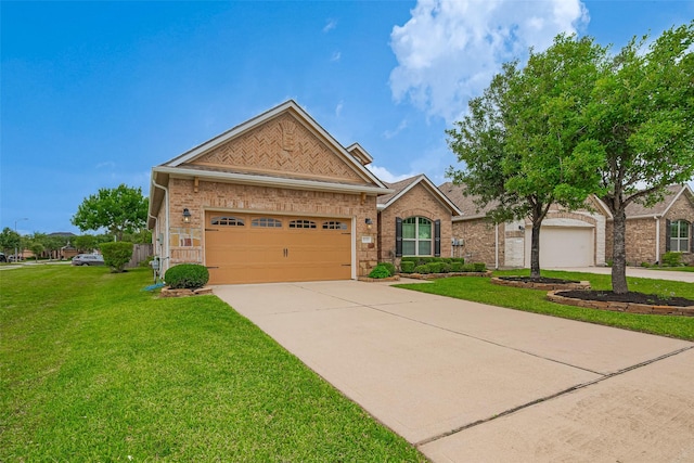 8135 W Pine Creek Bnd, Cypress, TX 77433 - ranch-style house featuring driveway, a front yard, a garage, and brick siding
