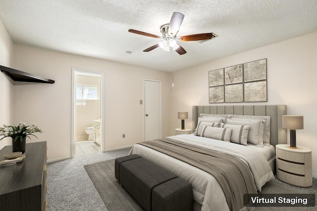 4103 Bugle Rd, Houston, TX 77072 - carpeted bedroom with ensuite bath, a textured ceiling, and ceiling fan
