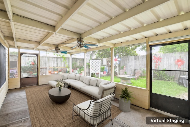 4103 Bugle Rd, Houston, TX 77072 - sunroom / solarium featuring a ceiling fan, plenty of natural light, an outdoor living space, and beam ceiling