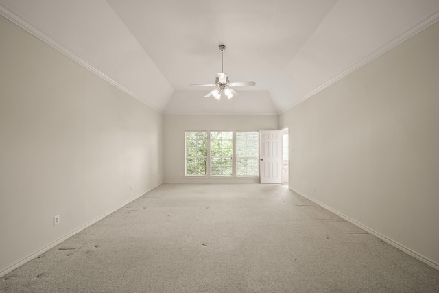 1931 Woodbury St, Houston, TX 77030 - empty room with a ceiling fan, lofted ceiling, ornamental molding, and light carpet